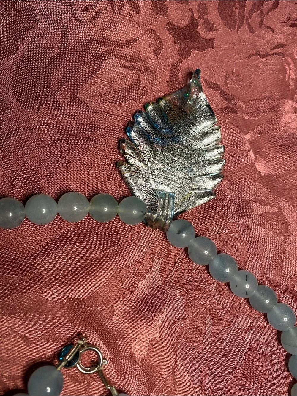 Blue Beaded Necklace with Dichroic Glass Leaf Pendant